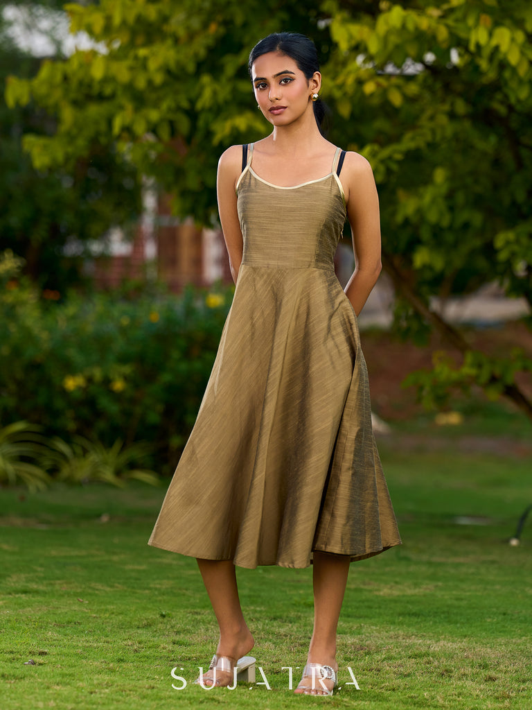 Chic Gold Silk Flared Dress With Lustrous Shimmer Adjustable Straps