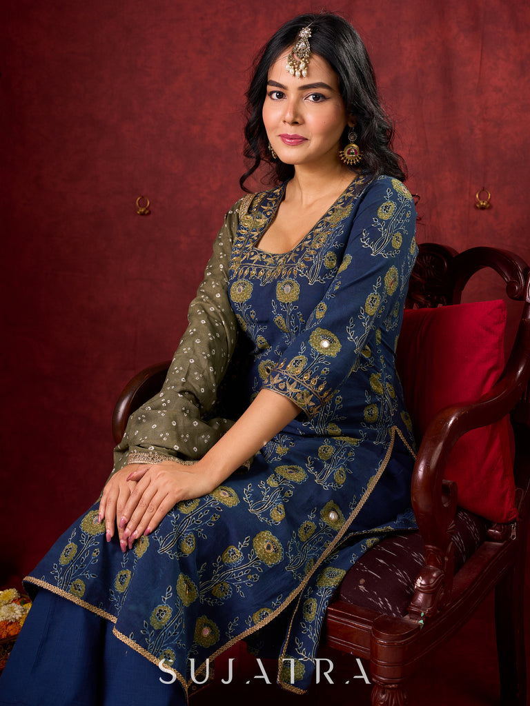 Indigo Ajrakh Kurta with Subtle Embroidered Neckline & Sleeves