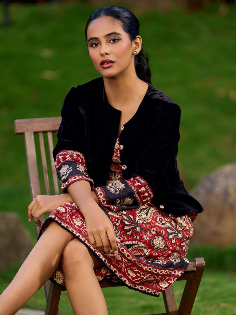 Regal Black Velvet Jacket With Maroon Printed Border Detailing