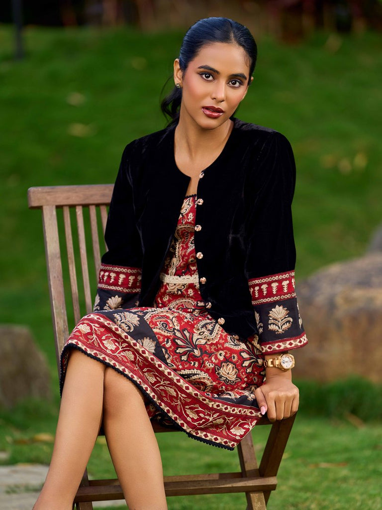 Regal Black Velvet Jacket With Maroon Printed Border Detailing