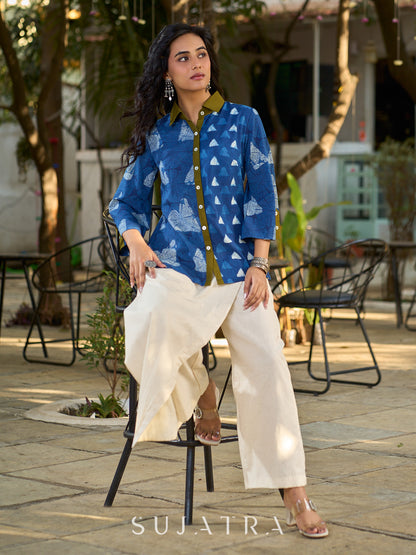 Indigo Contemporary Cotton Shirt with Geometric Pattern and Contrast Accents