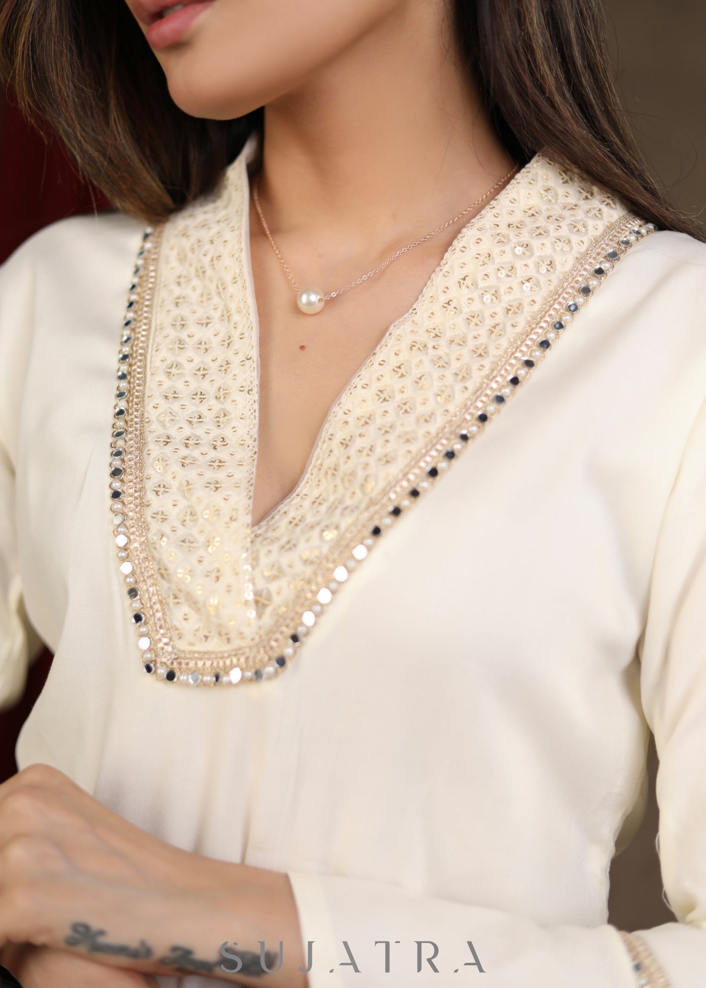 Off White Rayon Occasion Wear Top with Bell Sleeves & lace detaling