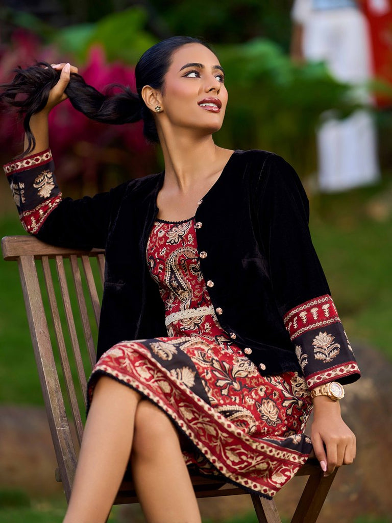 Regal Black Velvet Jacket With Maroon Printed Border Detailing