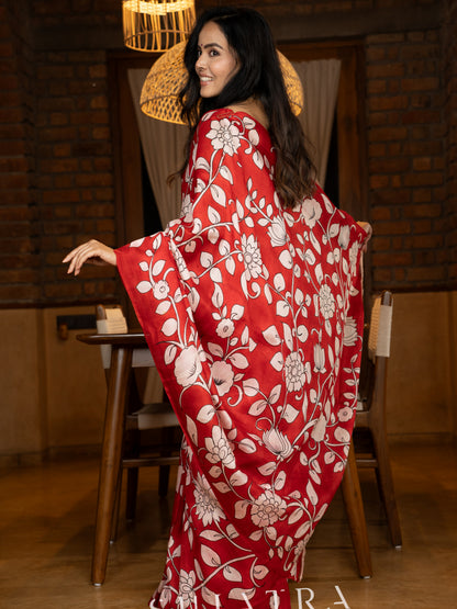 Statement red pure silk saree featuring timeless Kalamkari floral artwork