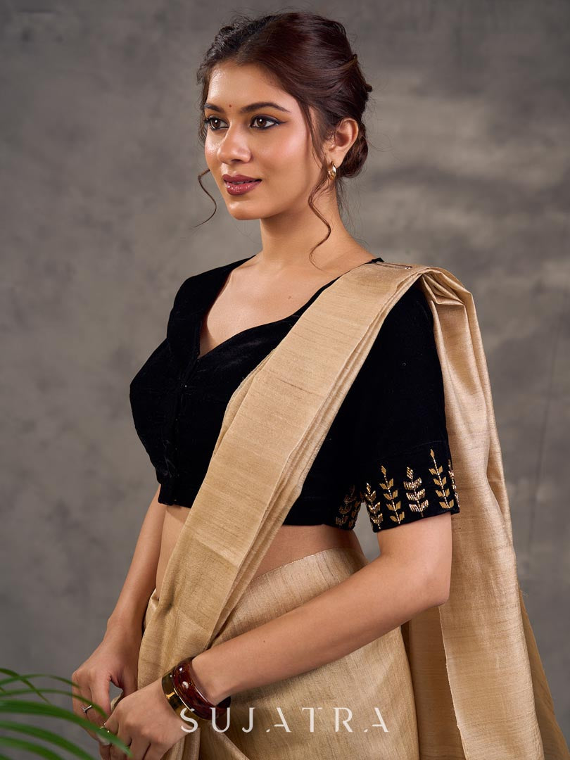 Artisanal Beige Pure Tussar Silk Saree