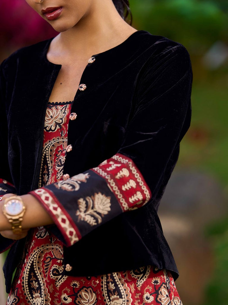 Regal Black Velvet Jacket With Maroon Printed Border Detailing