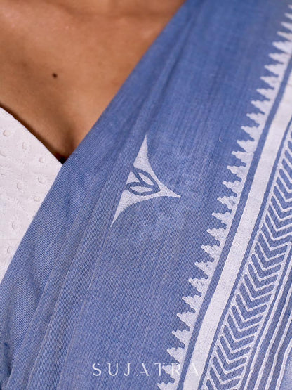 Graceful Slate Blue Cotton Saree with Delicate Floral Hand Block Print and Classic Border