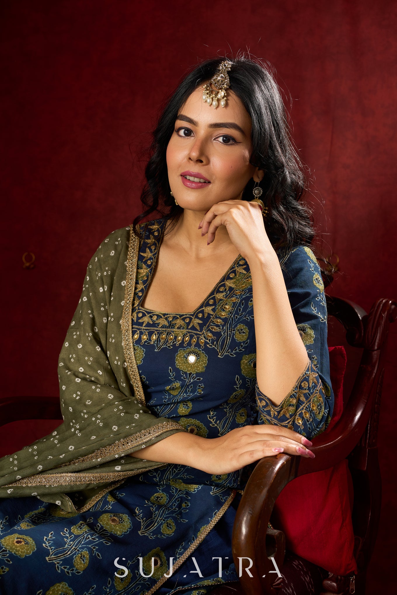 Indigo Ajrakh Kurta with Subtle Embroidered Neckline & Sleeves