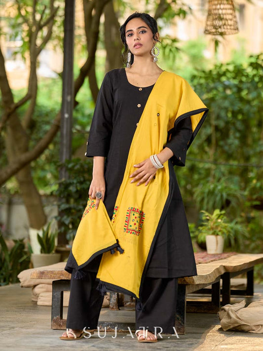 Rich Yellow Mul Cotton Dupatta with Minimal Kutch Embroidery
