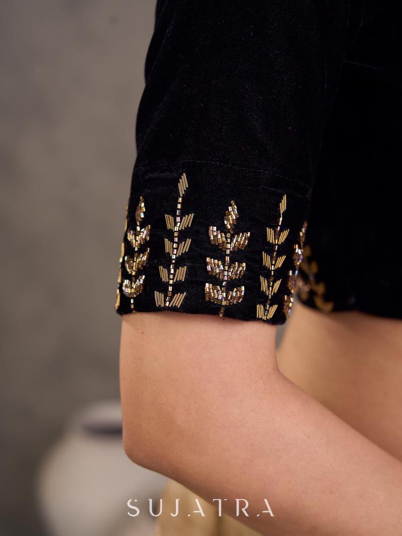 Ebony Black Velvet Sweetheart Neck Blouse with Gold Hand Embroidery