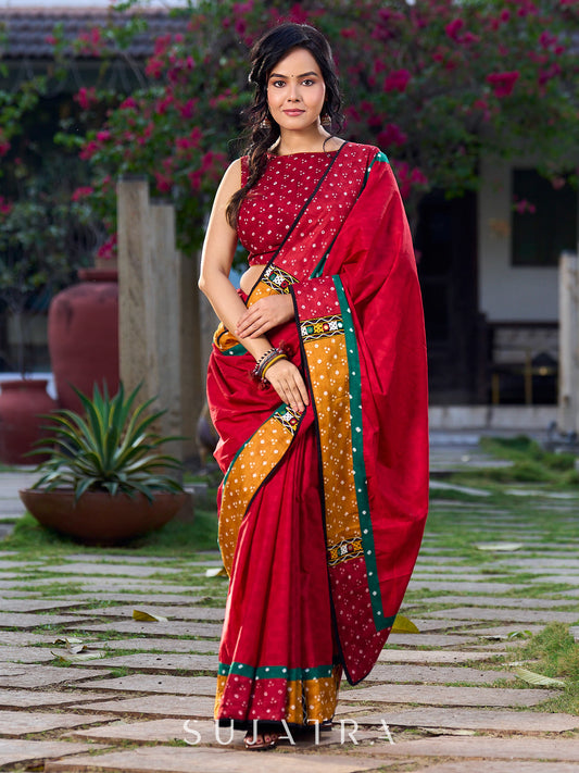 Crimson Cotton Jacquard Saree with Mustard & Red Bandhani Accents