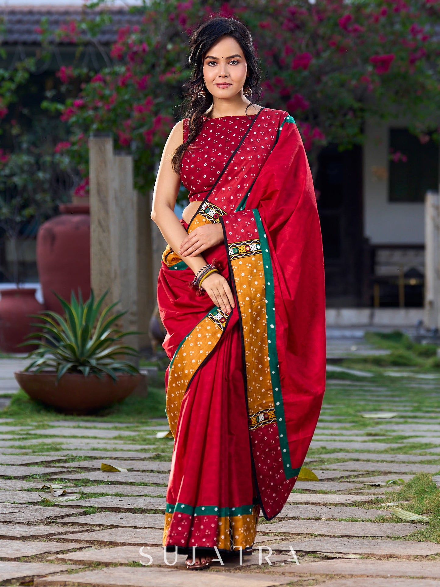 Maroon Jacquard Cotton Saree with Mustard & Red Bandhani Accents