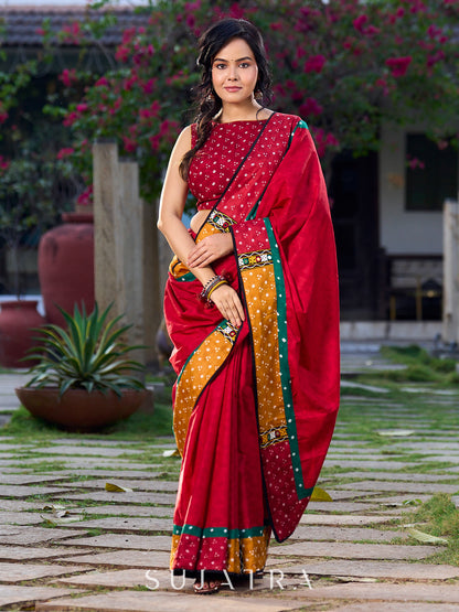 Maroon Jacquard Cotton Saree with Mustard & Red Bandhani Accents