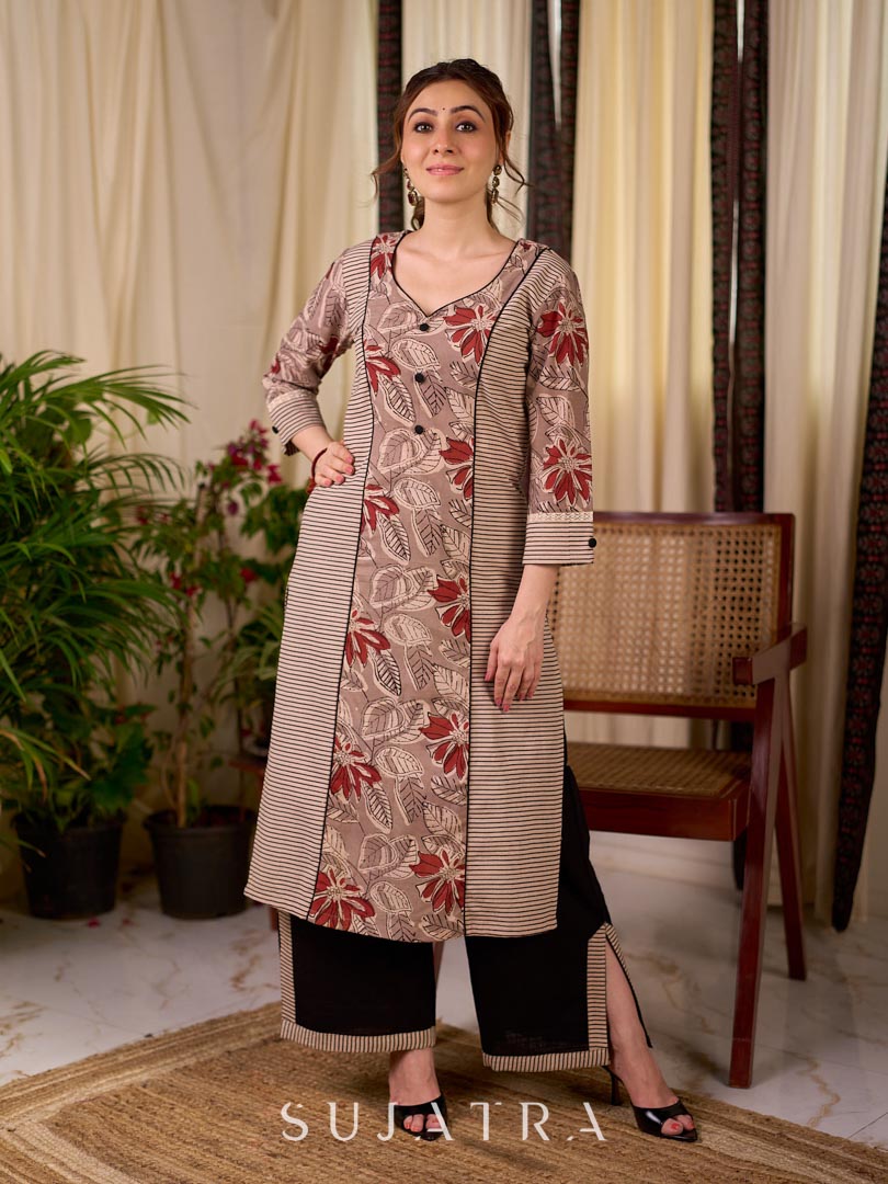 Earthy Beige Floral Leaf Print Cotton Kurta with Contrast Black Striped Panel