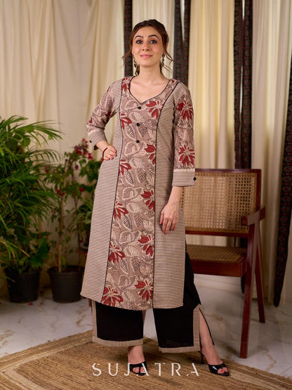 Earthy Beige Floral Leaf Print Cotton Kurta with Contrast Black Striped Panel
