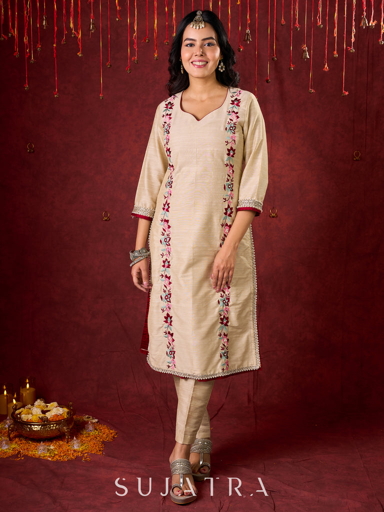 Ivory Cotton Silk Kurta with Floral Embroidery & Pearl Lace Accents