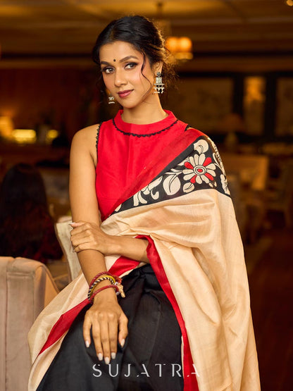 Elegant Black Pure Silk Saree with Red & Ivory Kalamkari Floral Border
