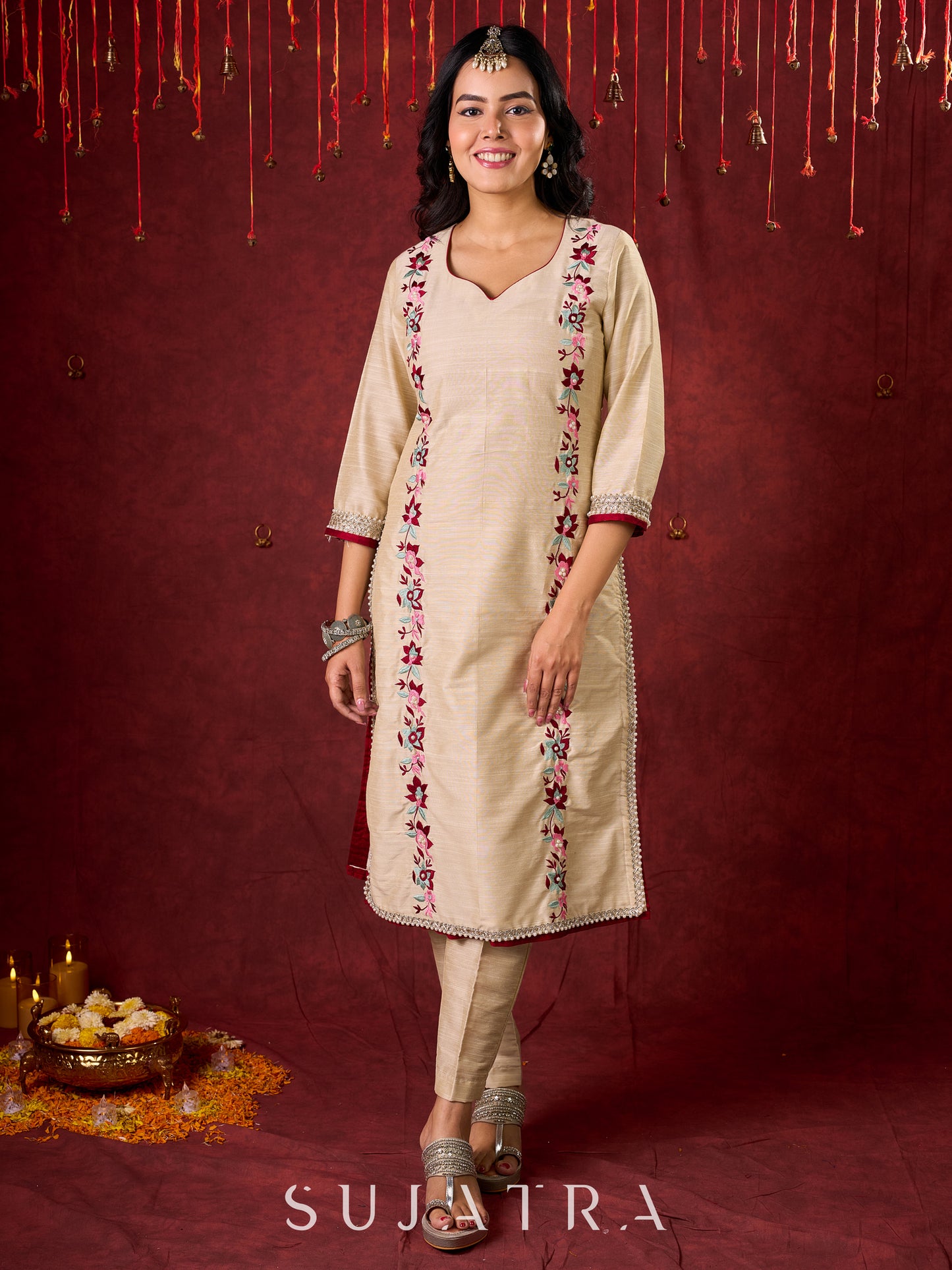 Cream cotton silk pencil pant