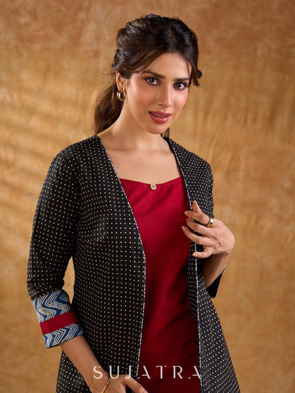 Midnight Black Dot Print Cotton Open Front Long Jacket with Indigo Geometric Printed Cuff