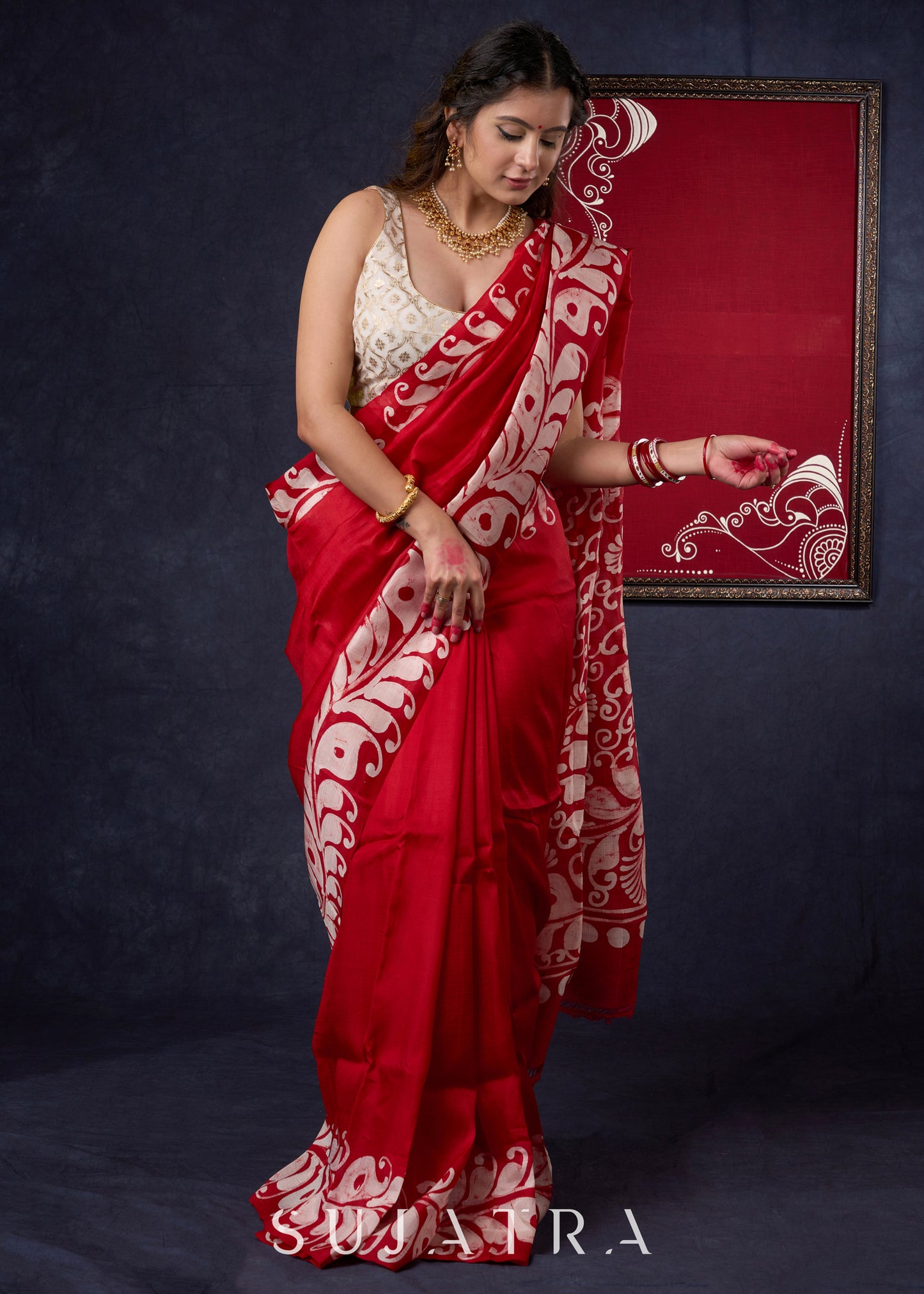 Classy Pure Silk Red saree with Hand Batik Alpana design