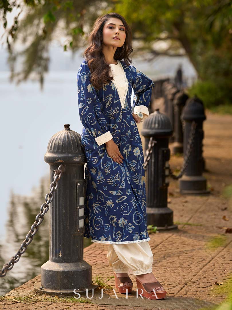 Indigo Statement Kurta with Intricate Hakoba Panel and Delicate Mirror Work