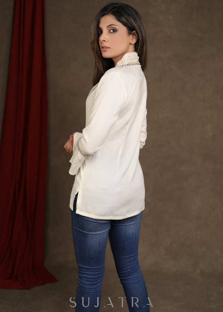 Off White Rayon Occasion Wear Top with Bell Sleeves & lace detaling