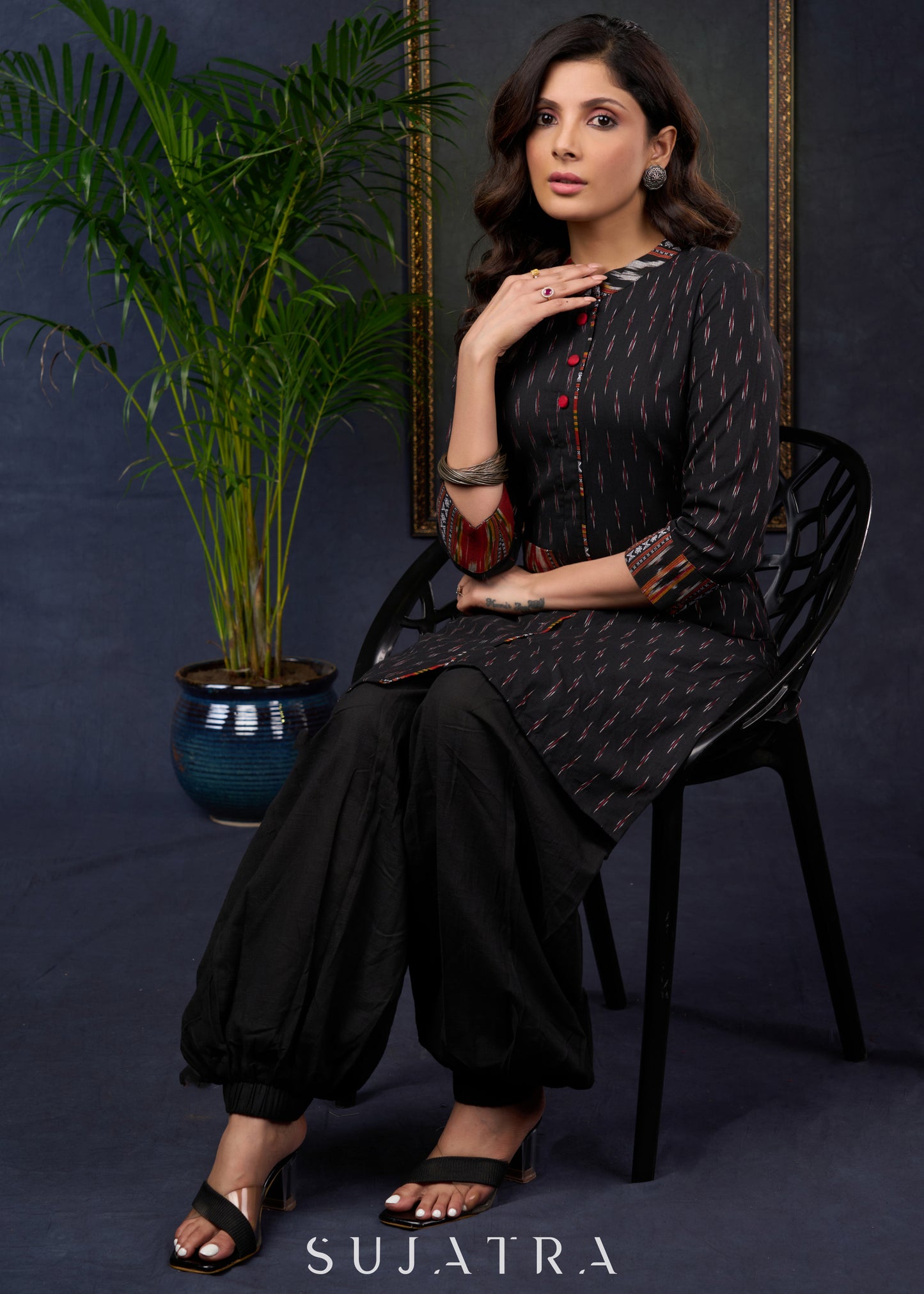 Stylish Black Cotton Ikat Tunic With Intricate Patterns - Pant Optional