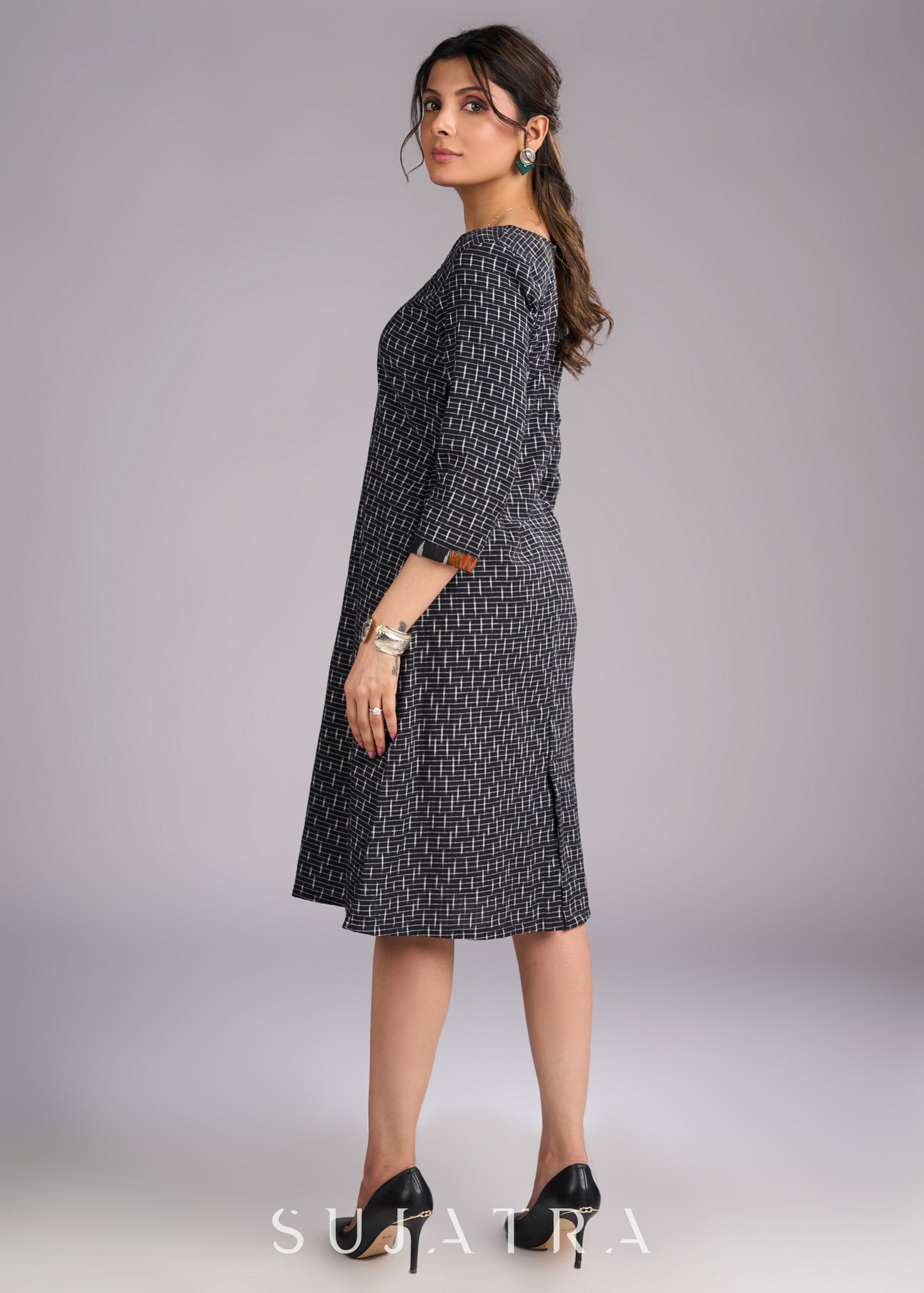 Inky Ikat Black Cotton Dress - patch work Ikat Jacket Optional