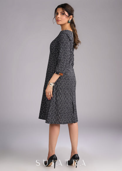 Inky Ikat Black Cotton Dress - patch work Ikat Jacket Optional
