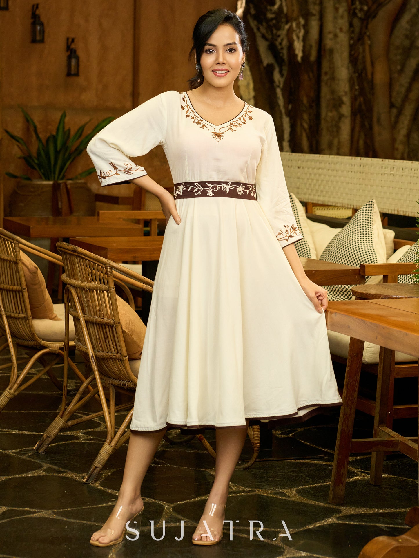 Radiant Ivory Embroidered Flare Dress with Statement Belt