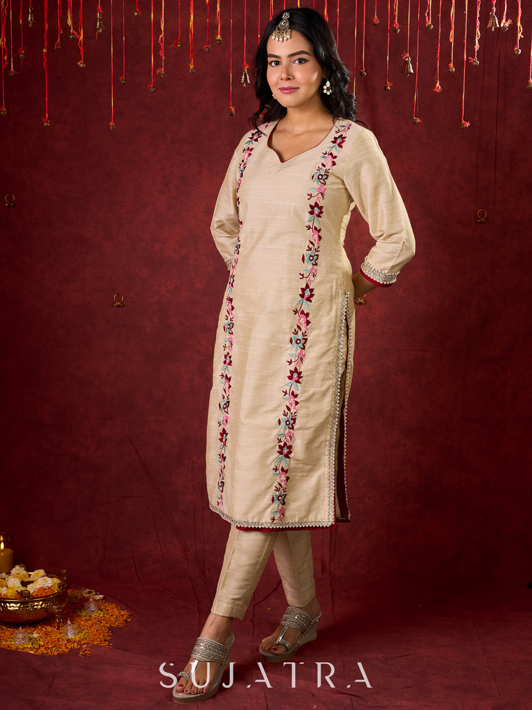 Ivory Cotton Silk Kurta with Floral Embroidery & Pearl Lace Accents