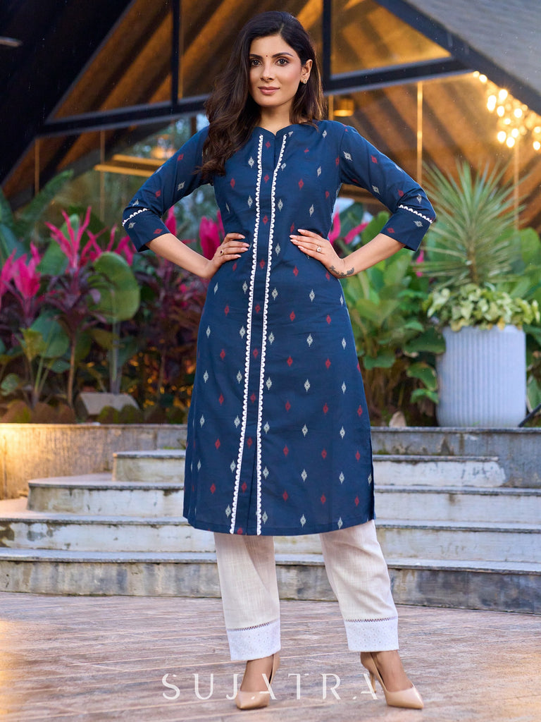 Blue printed cotton kurta enhanced with elegant and stylish lace - pant optional