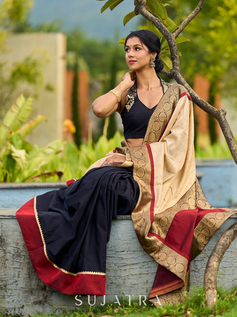 Handcrafted Pure Tussar Silk Saree with Khun Weave & Traditional Banarasi Border