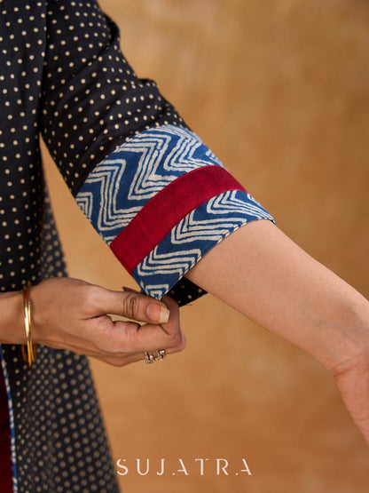 Midnight Black Dot Print Cotton Open Front Long Jacket with Indigo Geometric Printed Cuff