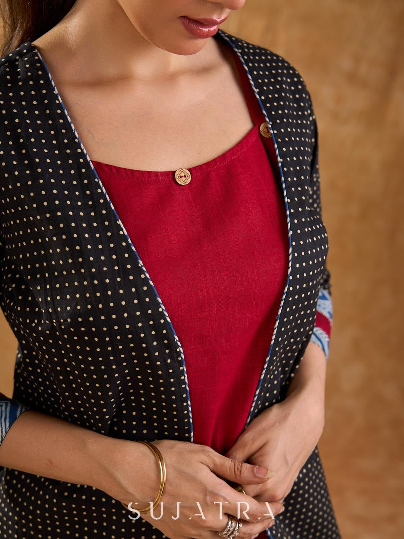 Midnight Black Dot Print Cotton Open Front Long Jacket with Indigo Geometric Printed Cuff