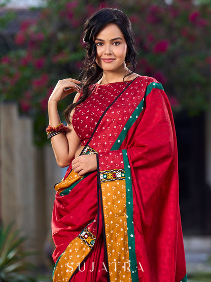 Maroon Jacquard Cotton Saree with Mustard & Red Bandhani Accents