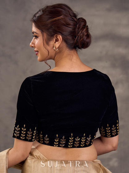Ebony Black Velvet Sweetheart Neck Blouse with Gold Hand Embroidery