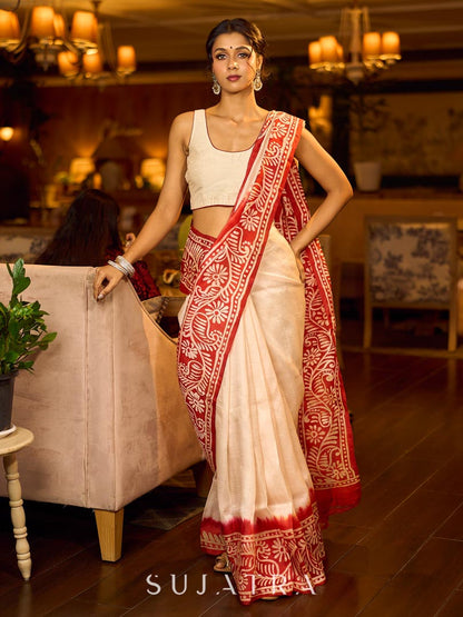 Cream and Red Pure Silk Saree with Ombre Effect and Kalamkari Printed Pallu & Border