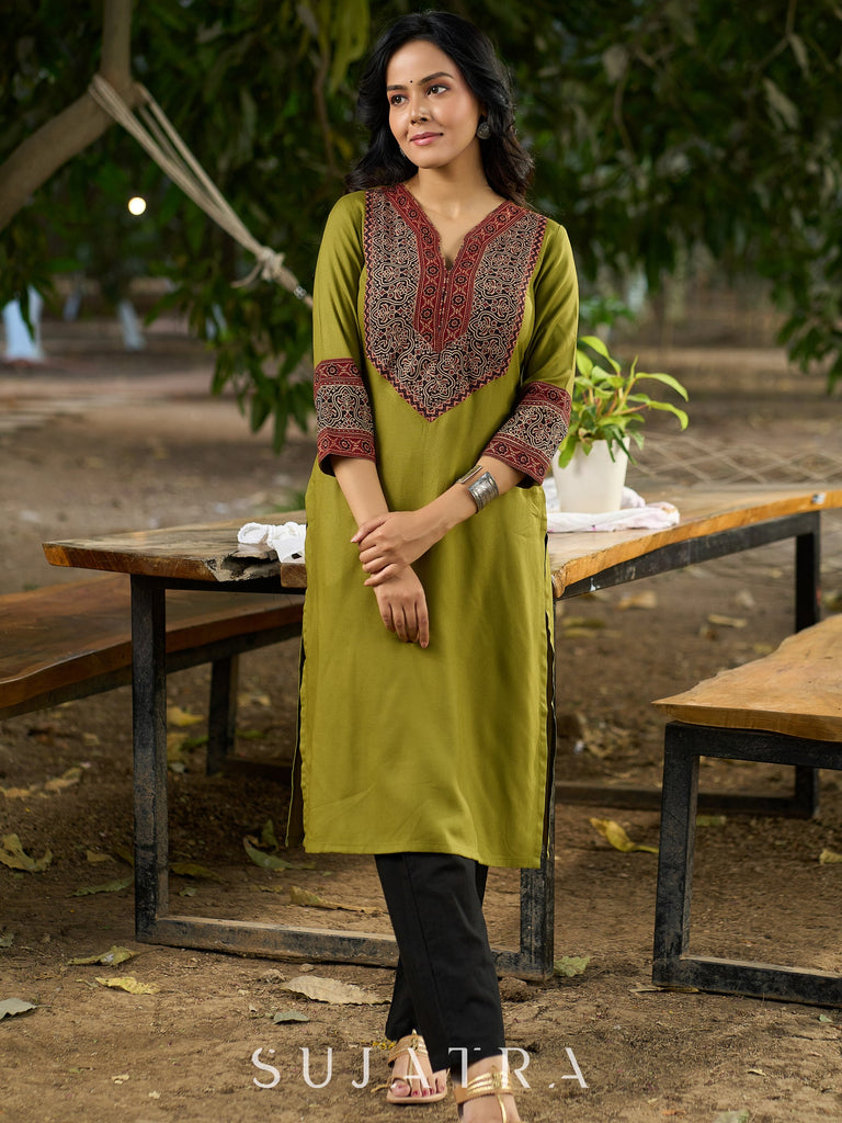 Chic Olive Green Rayon Kurta with Ajrakh Yoke and Sleeves
