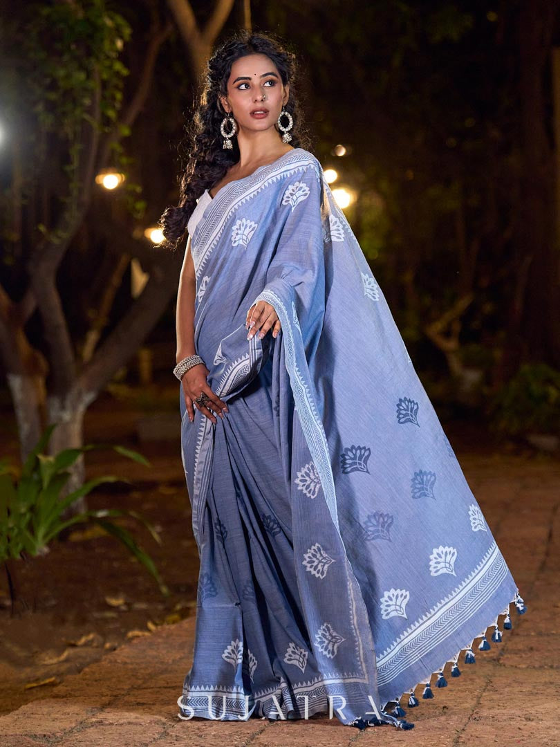 Graceful Slate Blue Cotton Saree with Delicate Floral Hand Block Print and Classic Border