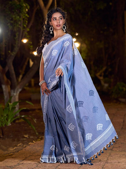 Graceful Slate Blue Cotton Saree with Delicate Floral Hand Block Print and Classic Border