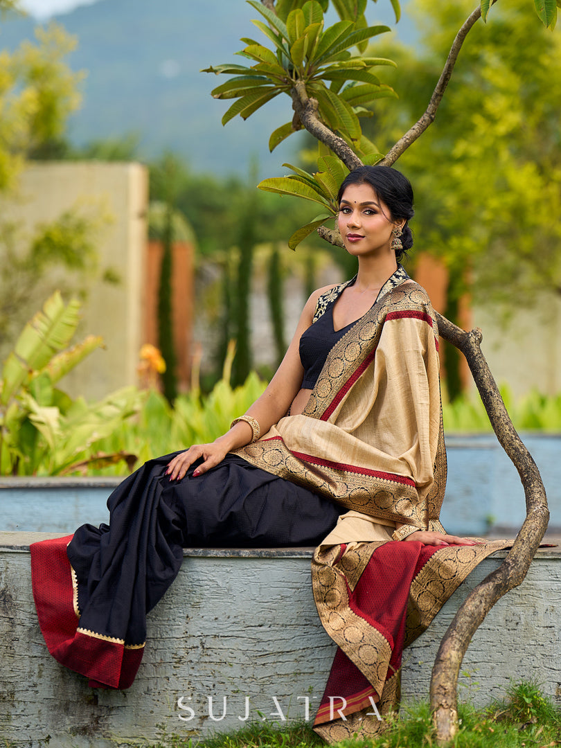 Handcrafted Pure Tussar Silk Saree with Khun Weave & Traditional Banarasi Border