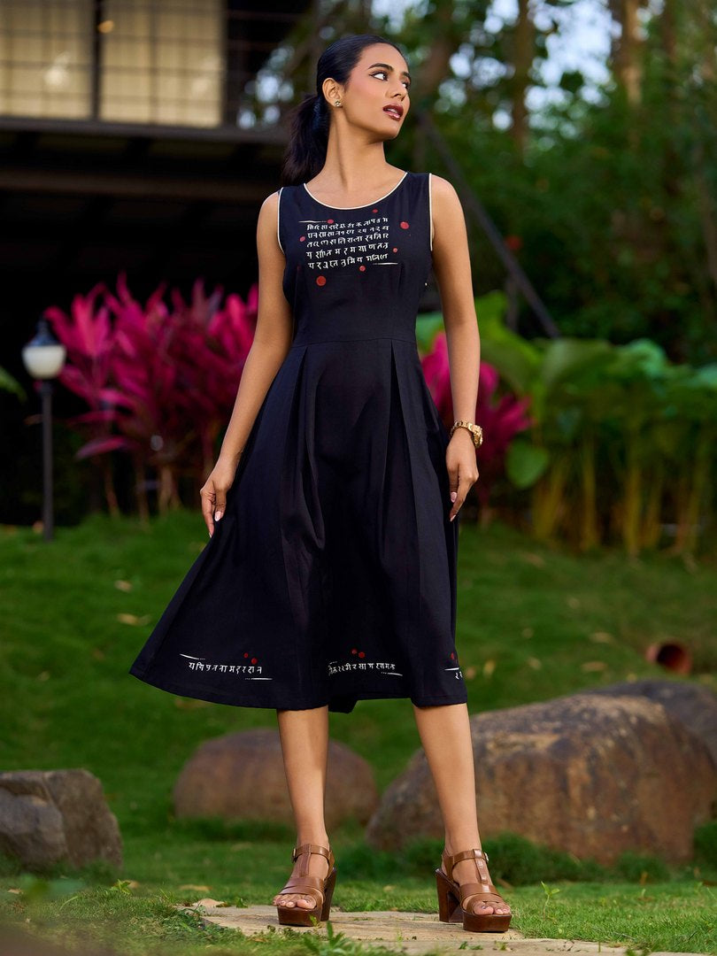 Graceful Black Rayon Pleated Dress with Script Art and Painted Hemline - Jacket Optional