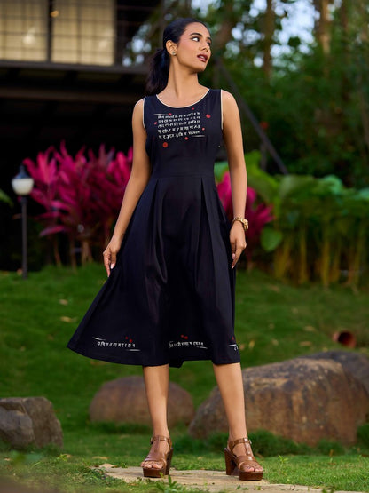 Graceful Black Rayon Pleated Dress with Script Art and Painted Hemline - Jacket Optional