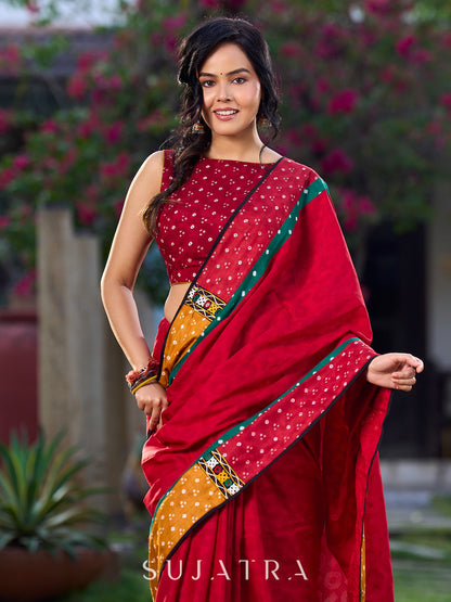 Maroon Jacquard Cotton Saree with Mustard & Red Bandhani Accents
