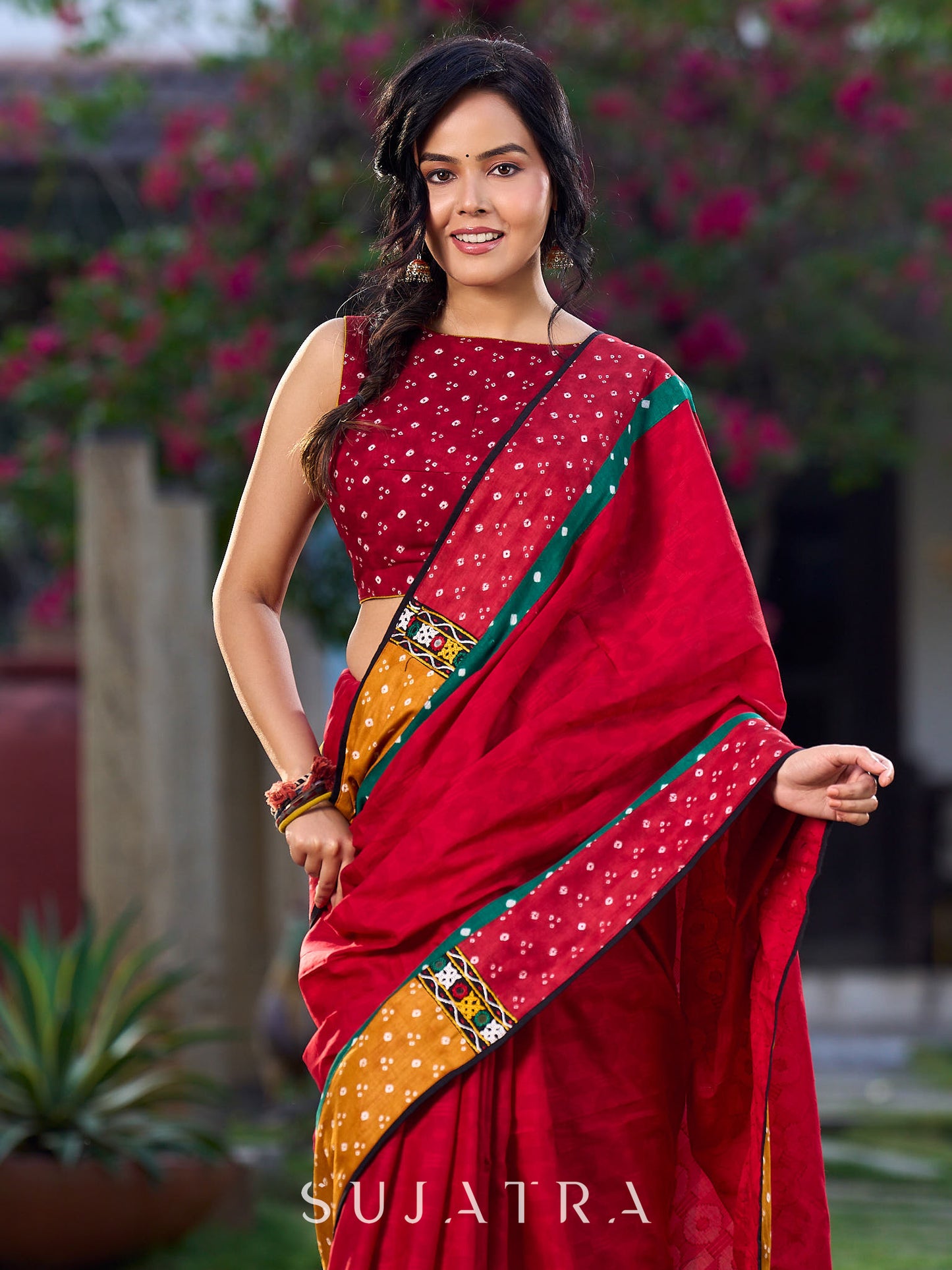 Crimson Cotton Jacquard Saree with Mustard & Red Bandhani Accents