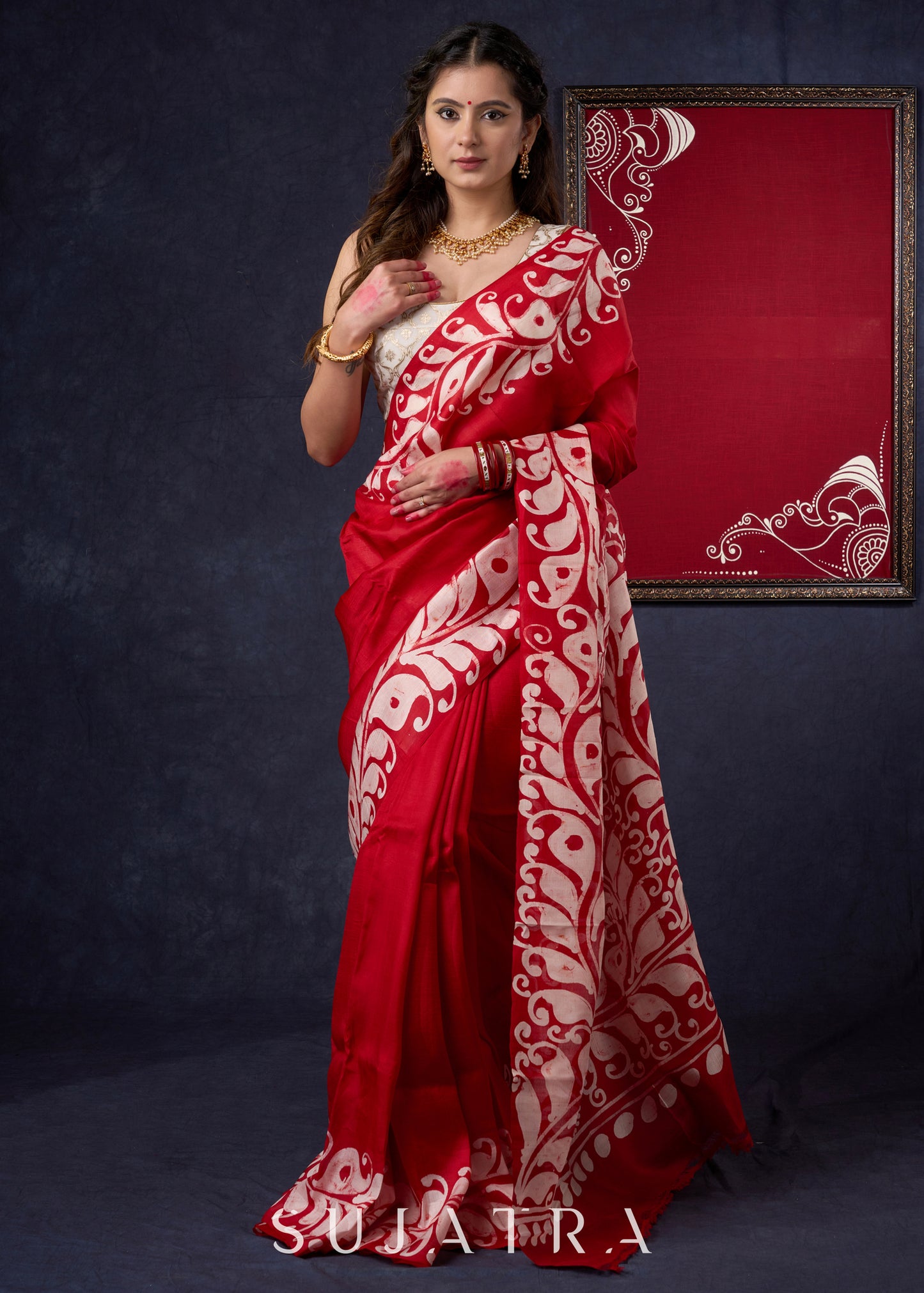 Classy Pure Silk Red saree with Hand Batik Alpana design