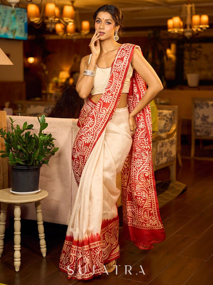 Handcrafted Ivory Pure Silk Saree with Red Kalamkari Print & Ombre Effect