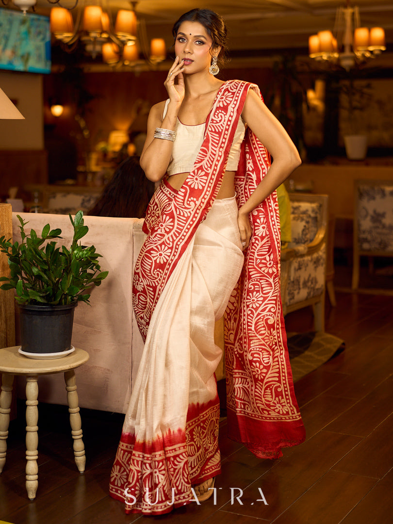 Handcrafted Ivory Pure Silk Saree with Red Kalamkari Print & Ombre Effect