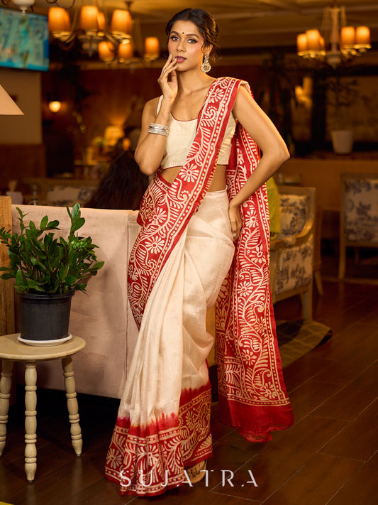 Handcrafted Ivory Pure Silk Saree with Red Kalamkari Print & Ombre Effect